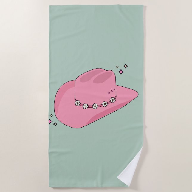 Cowboy Hat Preppy Pink And Green Beach Towel (Front)