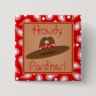 Cowboy Hat Red Bandanna Birthday Party Favour 15 Cm Square Badge