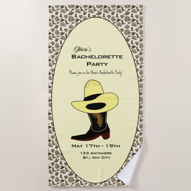 Cowboy Hat Shoes Pattern Bachelorette Party Beach Towel (Front)
