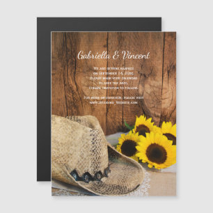 Cowboy Hat, Sunflowers Barn Wedding Save the Date Magnetic Invitation