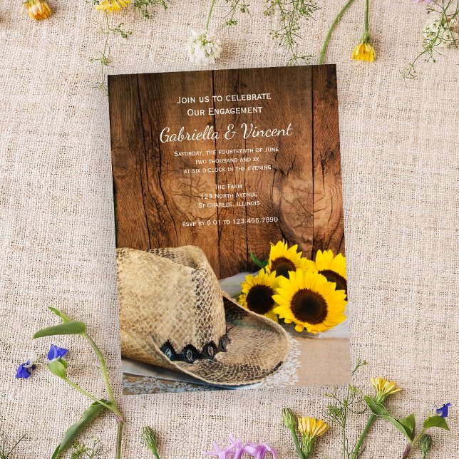 Cowboy Hat, Sunflowers Barn Wood Engagement Party Invitation (Creator Uploaded)