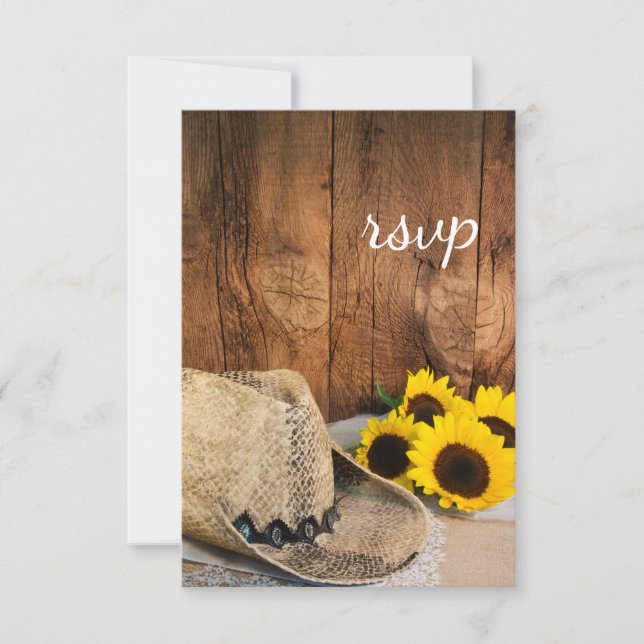 Cowboy Hat, Sunflowers Barn Wood Wedding RSVP Card (Front)