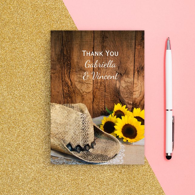 Cowboy Hat, Sunflowers Barn Wood Wedding Thank You Card (Creator Uploaded)