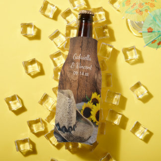 Cowboy Hat, Sunflowers, Barn Wood Western Wedding Bottle Cooler