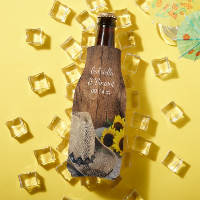 Cowboy Hat, Sunflowers, Barn Wood Western Wedding Bottle Cooler (In Situ Summer)