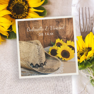 Cowboy Hat, Sunflowers, Barn Wood Western Wedding Napkin