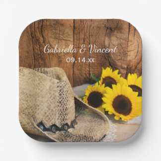 Cowboy Hat, Sunflowers, Barn Wood Western Wedding Paper Plate