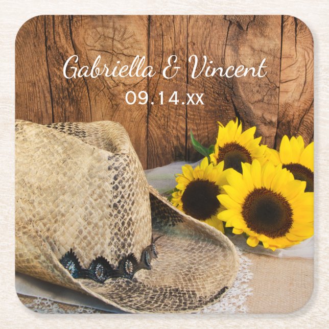 Cowboy Hat, Sunflowers, Barn Wood Western Wedding Square Paper Coaster (Front)