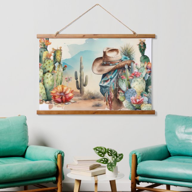 Cowboy hat watercolor cactus western scenery hanging tapestry (Living Room)