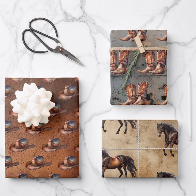 Cowboy Hats Boots Cowhide Wood Leather Wrapping Paper Sheet (Front)