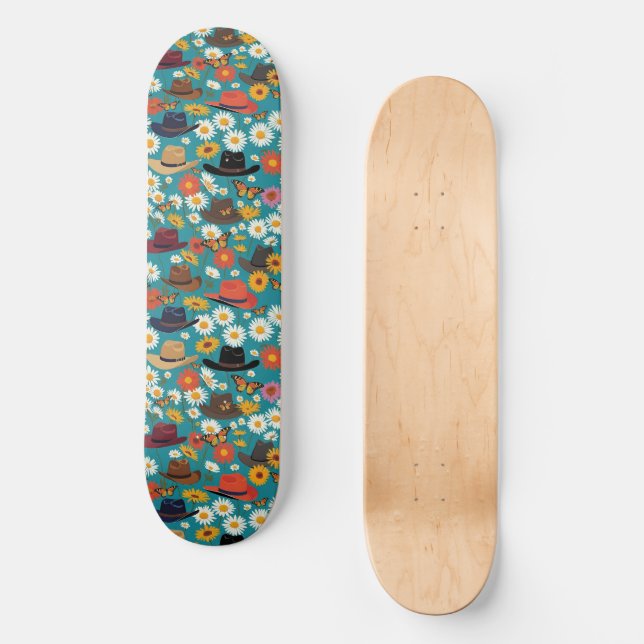 Cowboy Hats Daisies And Monarch Butterflies Teal Skateboard (Front)