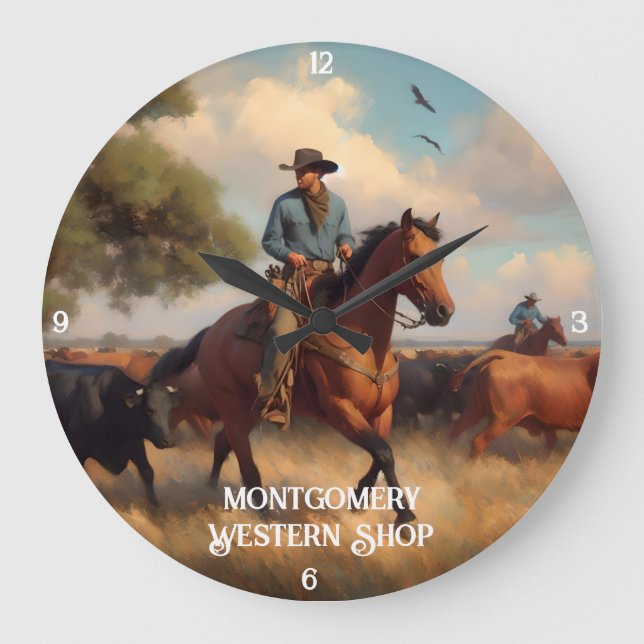 Cowboy Herding Cattle on Horseback Large Clock (Front)