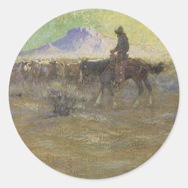 Cowboy Herding Cattle on the Range by Lon Megargee Classic Round Sticker (Front)