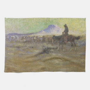 Cowboy Herding Cattle on the Range by Lon Megargee Tea Towel