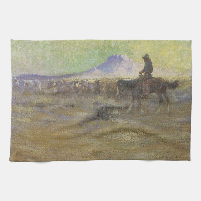 Cowboy Herding Cattle on the Range by Lon Megargee Tea Towel (Horizontal)