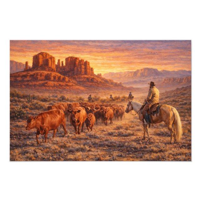Cowboy Herding Cows at Sunset Photo Print (Front)