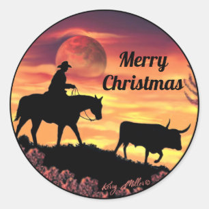Cowboy Herding Longhorn Steer Classic Round Sticker