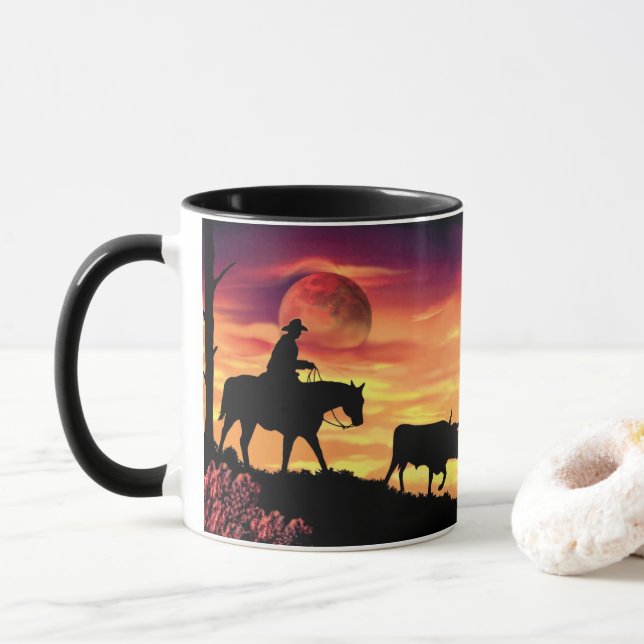 Cowboy Herding Longhorn Steer Mug (With Donut)