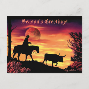 Cowboy Herding Longhorn Steer Postcard