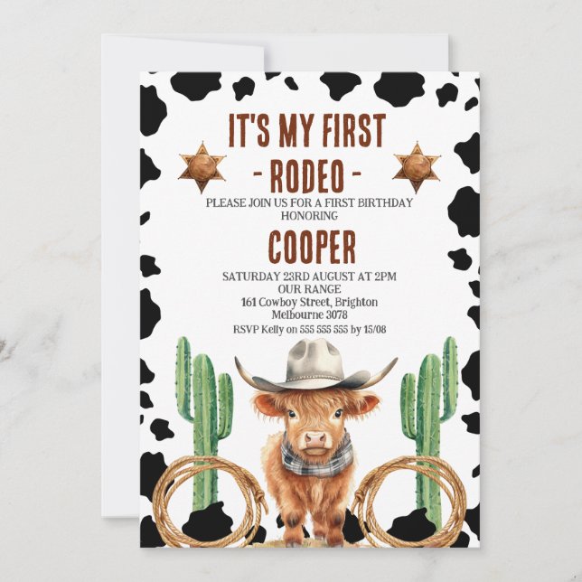 Cowboy Highland Cow My First Rodeo 1st Birthday Invitation (Front)