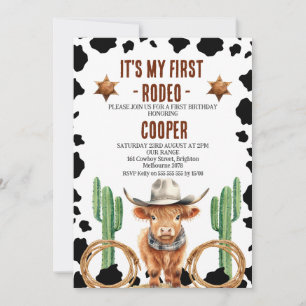 Cowboy Highland Cow My First Rodeo 1st Birthday Invitation