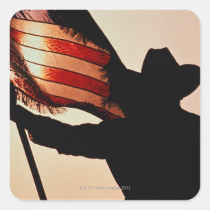 Cowboy holding Stars and Stripes, silhouette, Square Sticker
