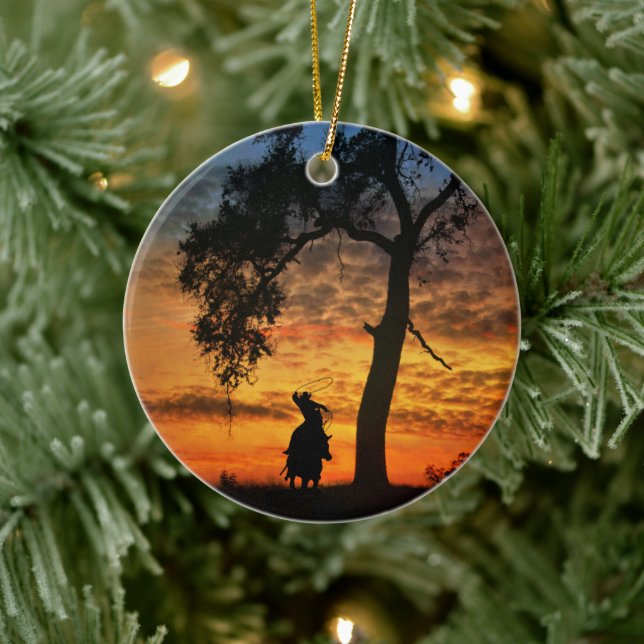 Cowboy Horse and Oak Tree Steer Roping Ceramic Tree Decoration (Tree)