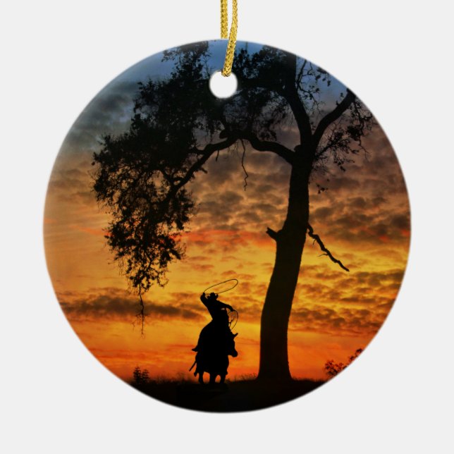 Cowboy Horse and Oak Tree Steer Roping Ceramic Tree Decoration (Front)