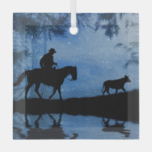 Cowboy Horse and Steer Christmas Country Western Glass Tree Decoration