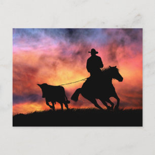 Cowboy Horse and Steer Roping in Sunset Postcard