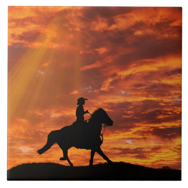Cowboy Horse and Sunset Home Decor Tile (Front)