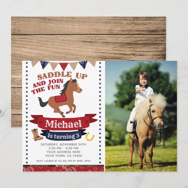 Cowboy, Horse Birthday Invitation with Photo (Front/Back)