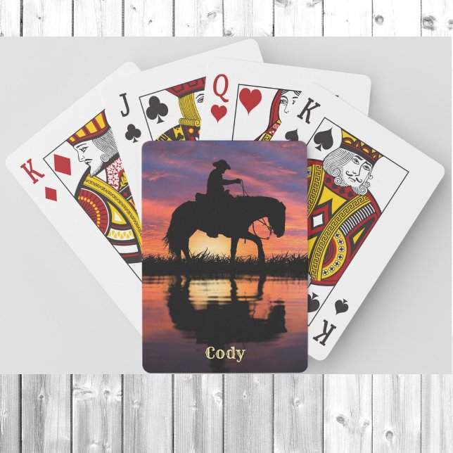 Cowboy Horse in a Texas Sunset Personalise Name  Playing Cards (Creator Uploaded)