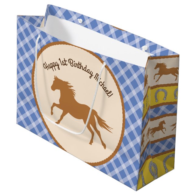 Cowboy Horse Pony Cute 1st Birthday Party Theme Large Gift Bag (Front Angled)