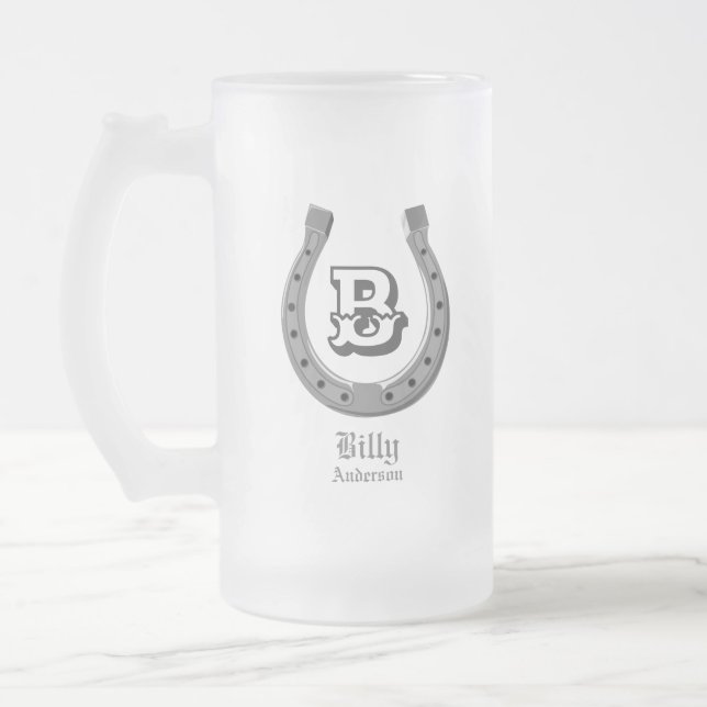 Cowboy Horse Shoe Personalised Monogram Frosted Glass Beer Mug (Left)