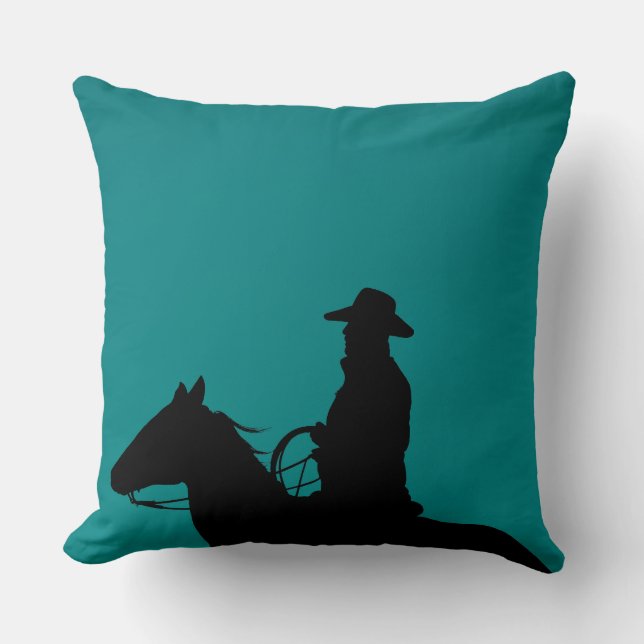 Cowboy & horse silhouette on teal-green background cushion (Front)