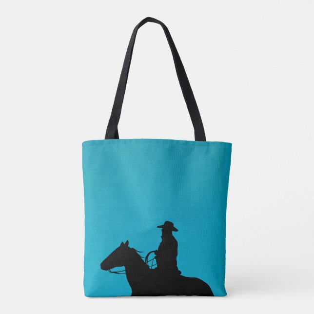 Cowboy & Horse Silhouette on Turquoise Tote Bag (Back)