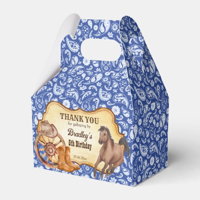 Cowboy horses blue paisley western party gift favour box (Front Side)