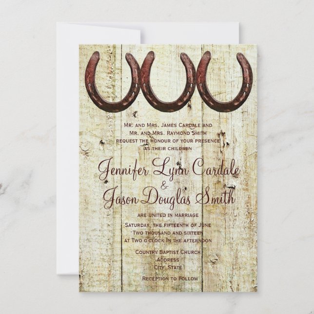 Cowboy Horseshoes Barn Wood Wedding Invitations (Front)