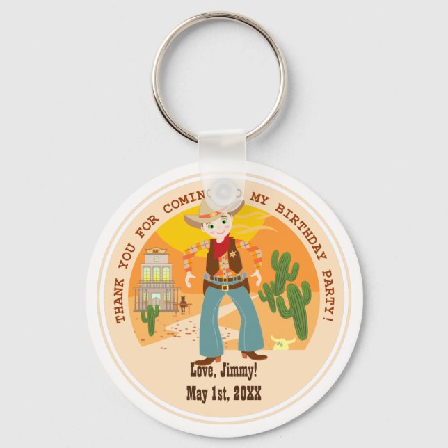 Cowboy kid birthday party key ring (Front)