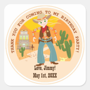 Cowboy kid birthday party square sticker