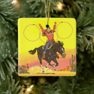 Cowboy Kid On Horse With Ropes in S.W. Scene Ceramic Ornament