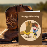 Cowboy Kids Custom Little Boys Happy Birthday Card<br><div class="desc">A cute customized cowboy birthday card featuring a farm kid leaning against a giant cowboy boot tipping his brown hat with a yellow star. A great country child gift personalized with their name.</div>