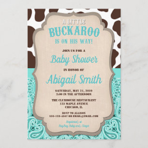 Cowboy little buckaroo teal brown boy baby shower invitation