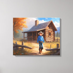Cowboy Log Cabin Boy's Bedroom Art Canvas Print