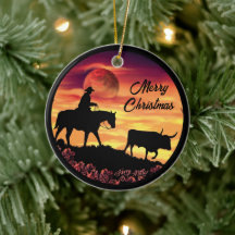 Cowboy & Longhorn Steer Christmas Ceramic Ornament
