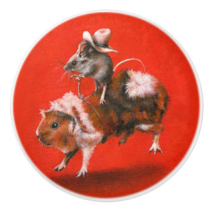 Cowboy Mouse Riding Guinea Pig Ceramic Knob