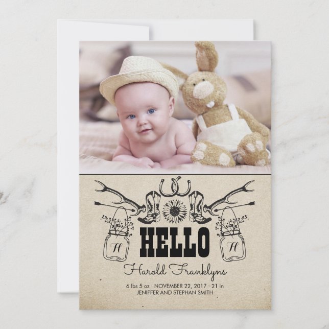 Cowboy Newborn Baby Photo Birth Announcement (Front)