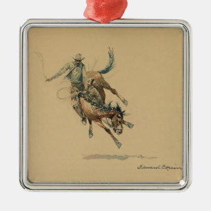 Cowboy on a Bucking Horse #3 by Edward Borein Metal Tree Decoration