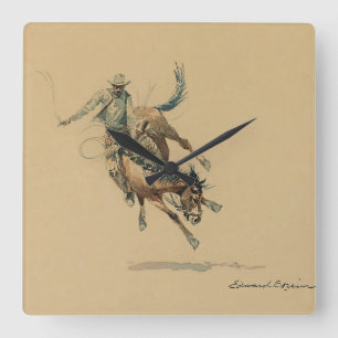 Cowboy on a Bucking Horse #3 by Edward Borein Square Wall Clock